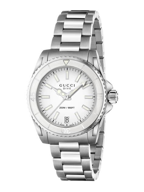 gucci womens dive stainless steel bracelet watch silver white|ladies Gucci watches prices.